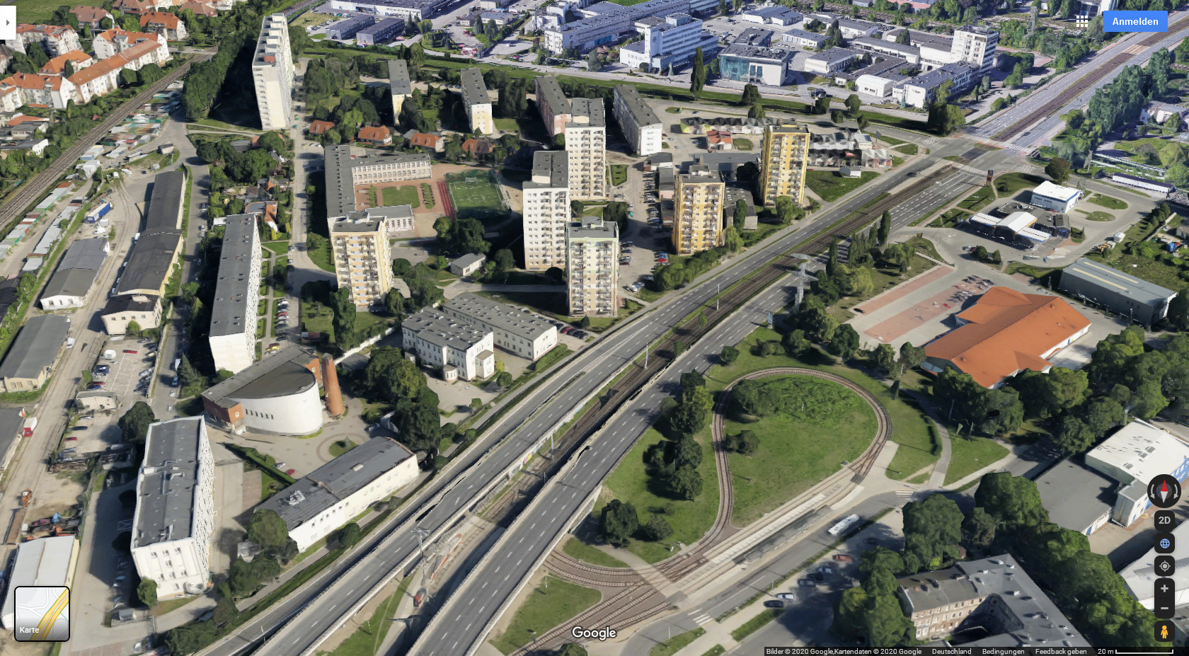 Heutige Ansicht aus Nord-Perspektive von Danzig - Grünes Dreieck im Stadtteil Schnellmühl und Neuschottland - mit Google Maps