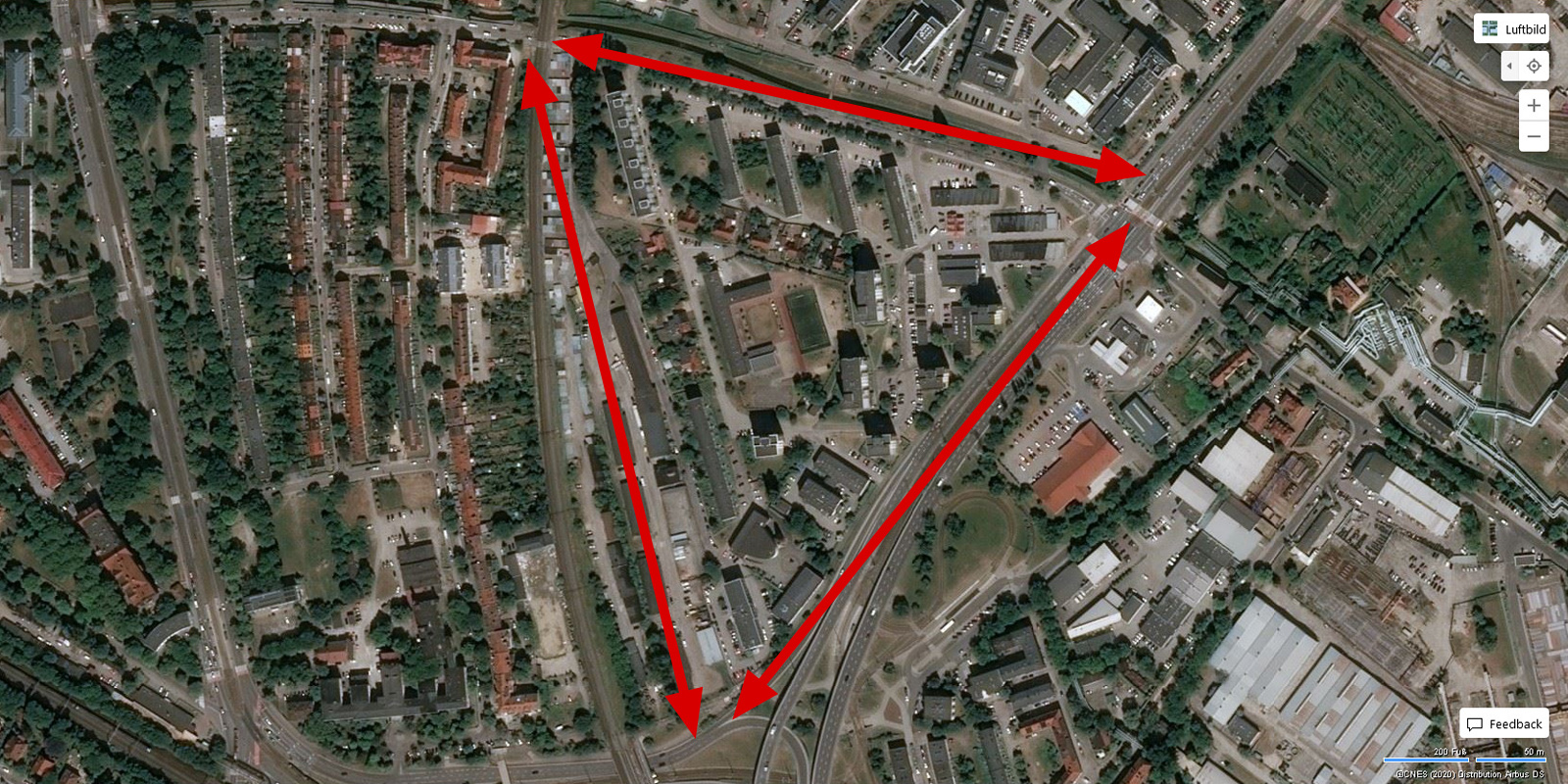 Danzig, Grünes Dreieich, Screenshot Bing Maps