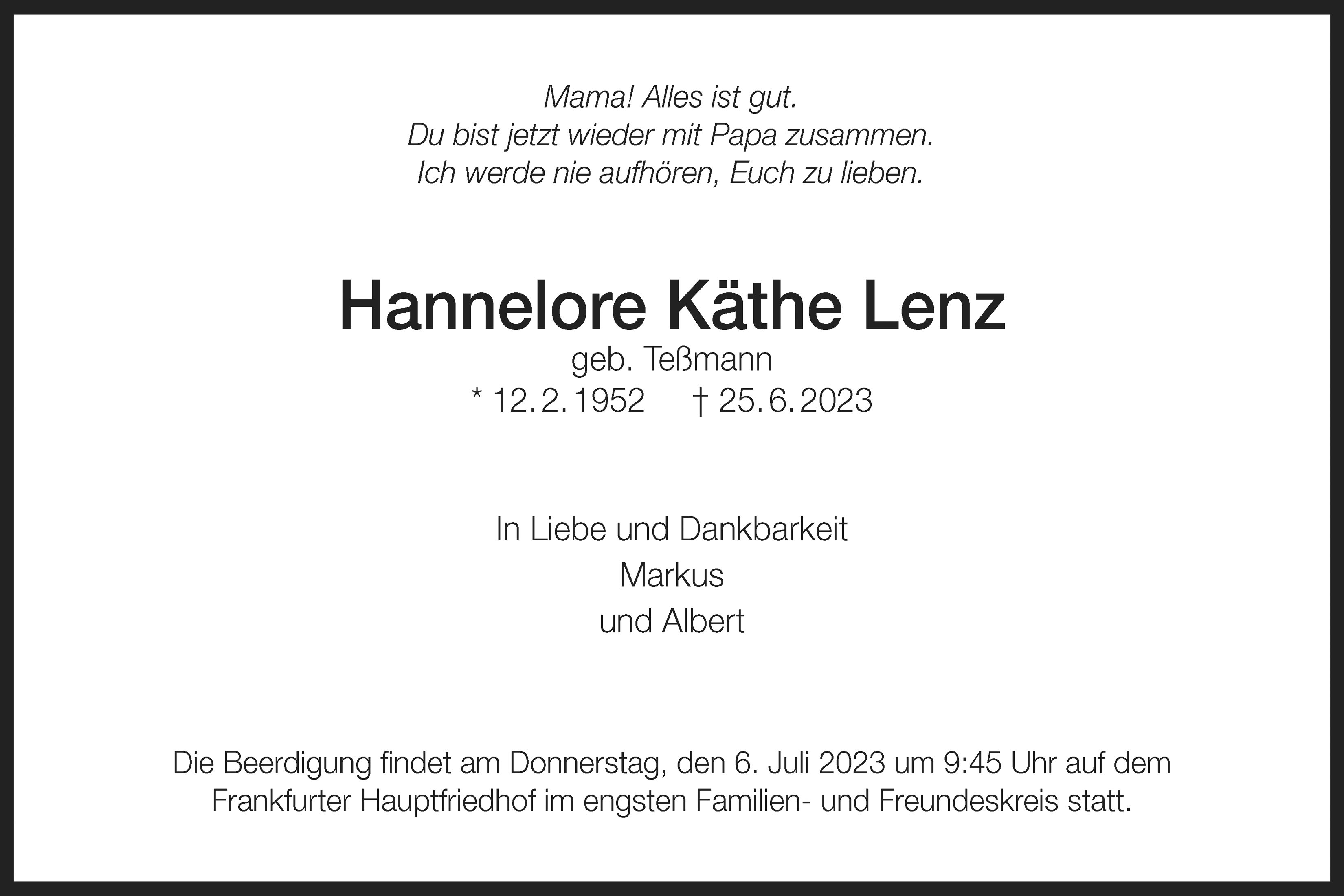 Trauerkarte Hannelore Lenz
