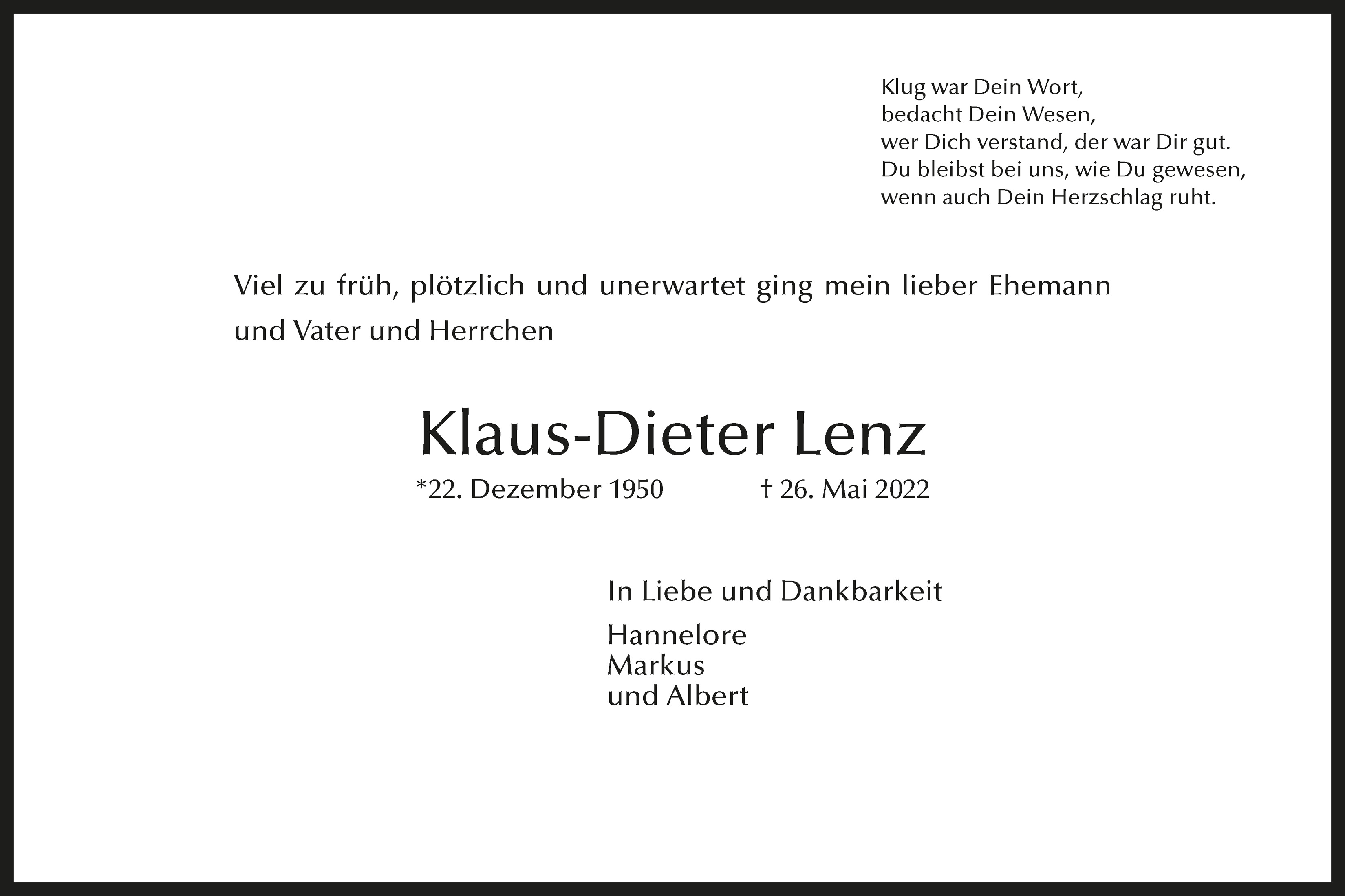 Trauerkarte Klaus-Dieter Lenz